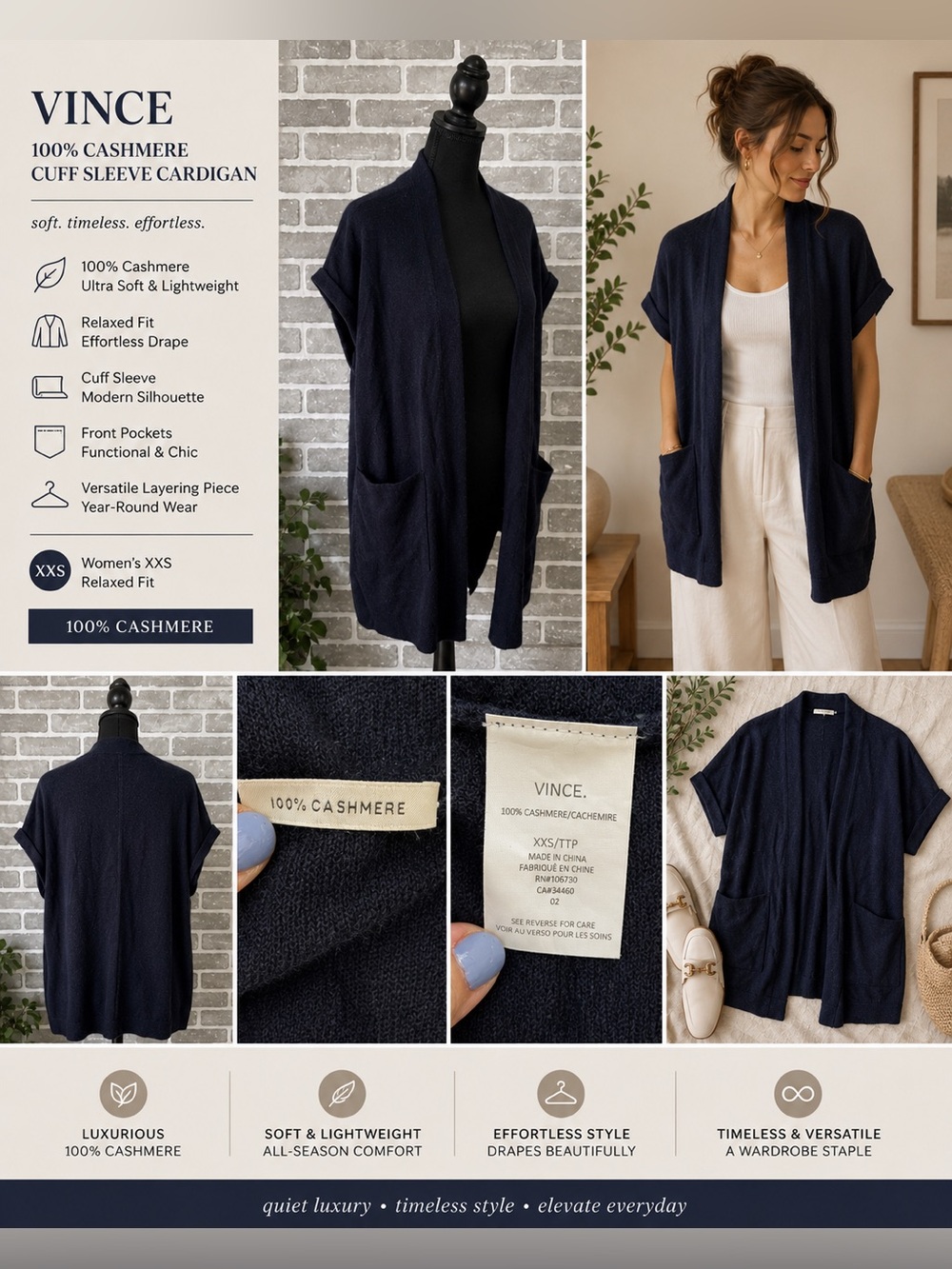 Vince 100% Cashmere‎ Open Cardigan Navy Blue XXS Relaxed Knit